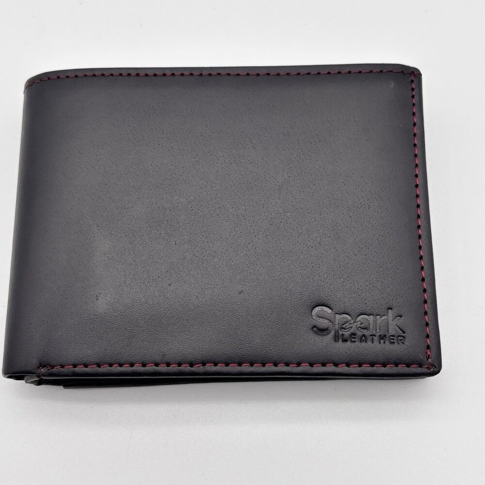Spark Leather Mens Bifold Wallet Black Red Stitch Zip Coin Pocket RFID